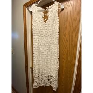 Bisou Bisou Michelle Bohbot White Dress Crochet Cover Up Women’s Size 8 MIDI